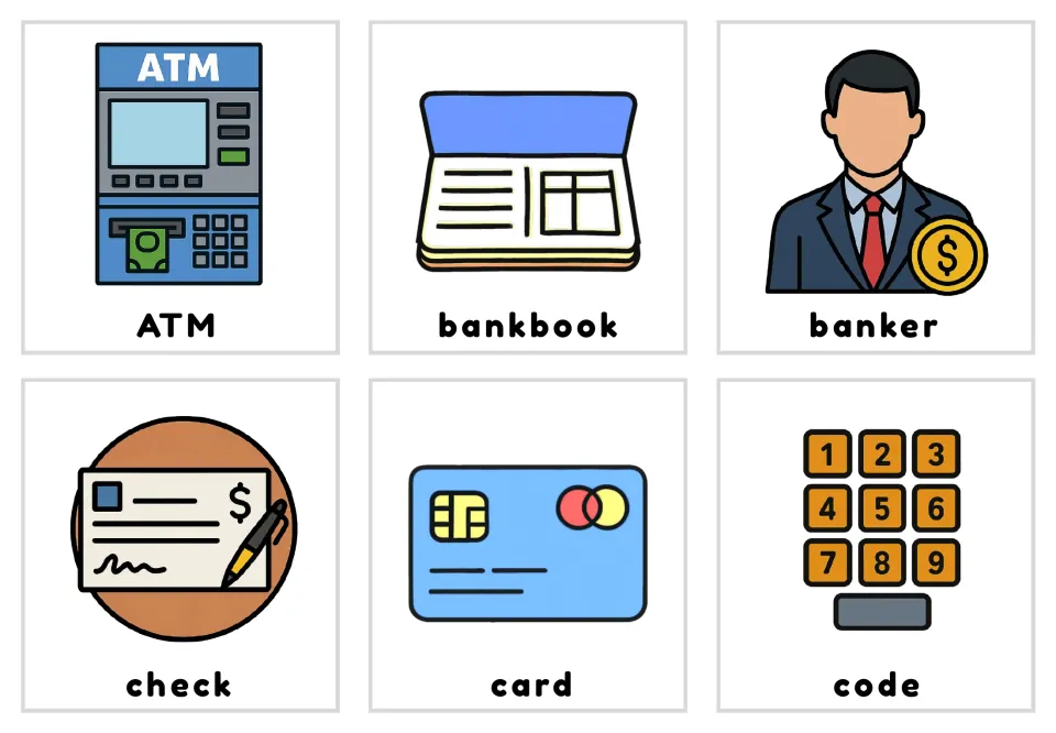 Labeled color bank vocabulary cards 1–6 show the words ATM, bankbook, banker, check, card, and code