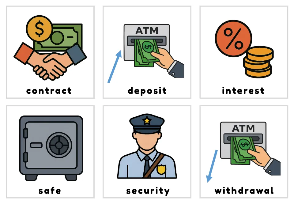 Labeled color bank vocabulary cards 7–12: contract, deposit, interest, safe, security, and withdrawal