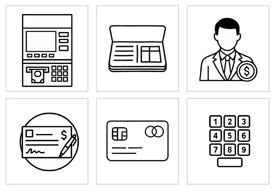 Black-and-white bank picture cards 1–6: ATM, bankbook, banker, check, card, and code, without word labels
