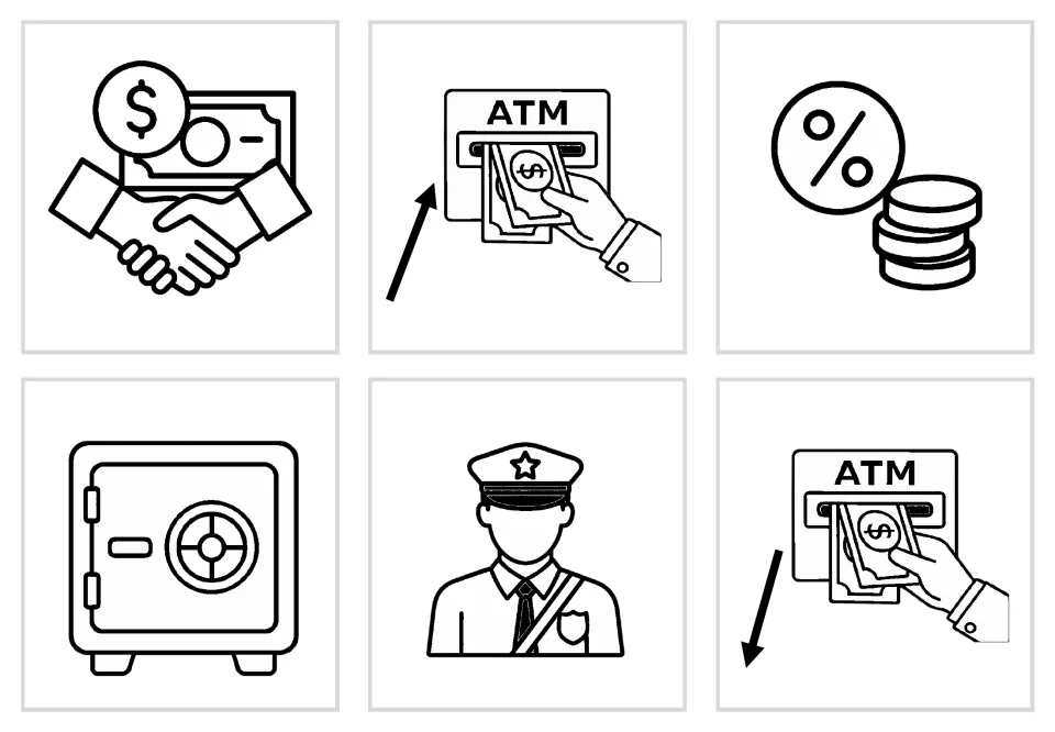 Black-and-white bank picture cards 7–12: contract, deposit, interest, safe, security, and withdrawal