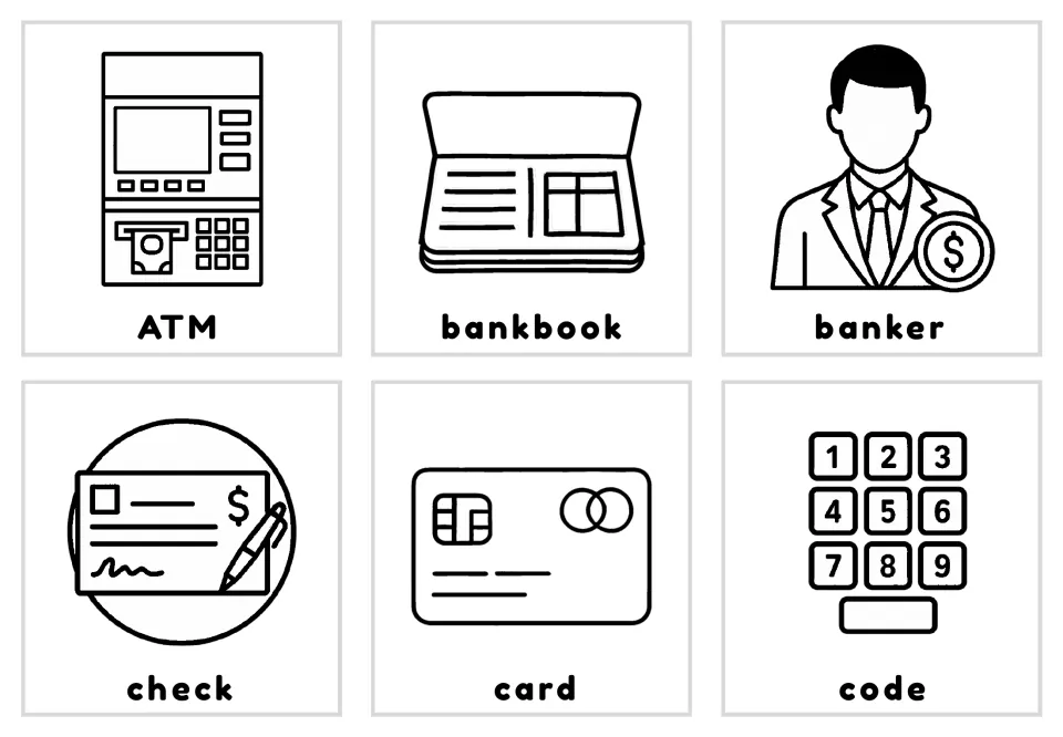 Labeled black-and-white bank vocabulary cards 1–6: ATM, bankbook, banker, check, card, and code