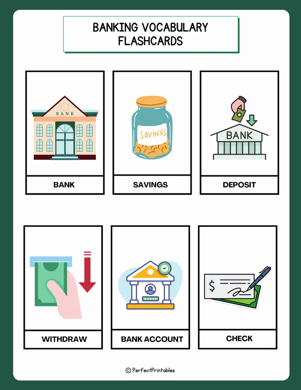 Banking flashcards 1–6: bank, savings, deposit, withdraw, bank account, and check, each paired with a picture
