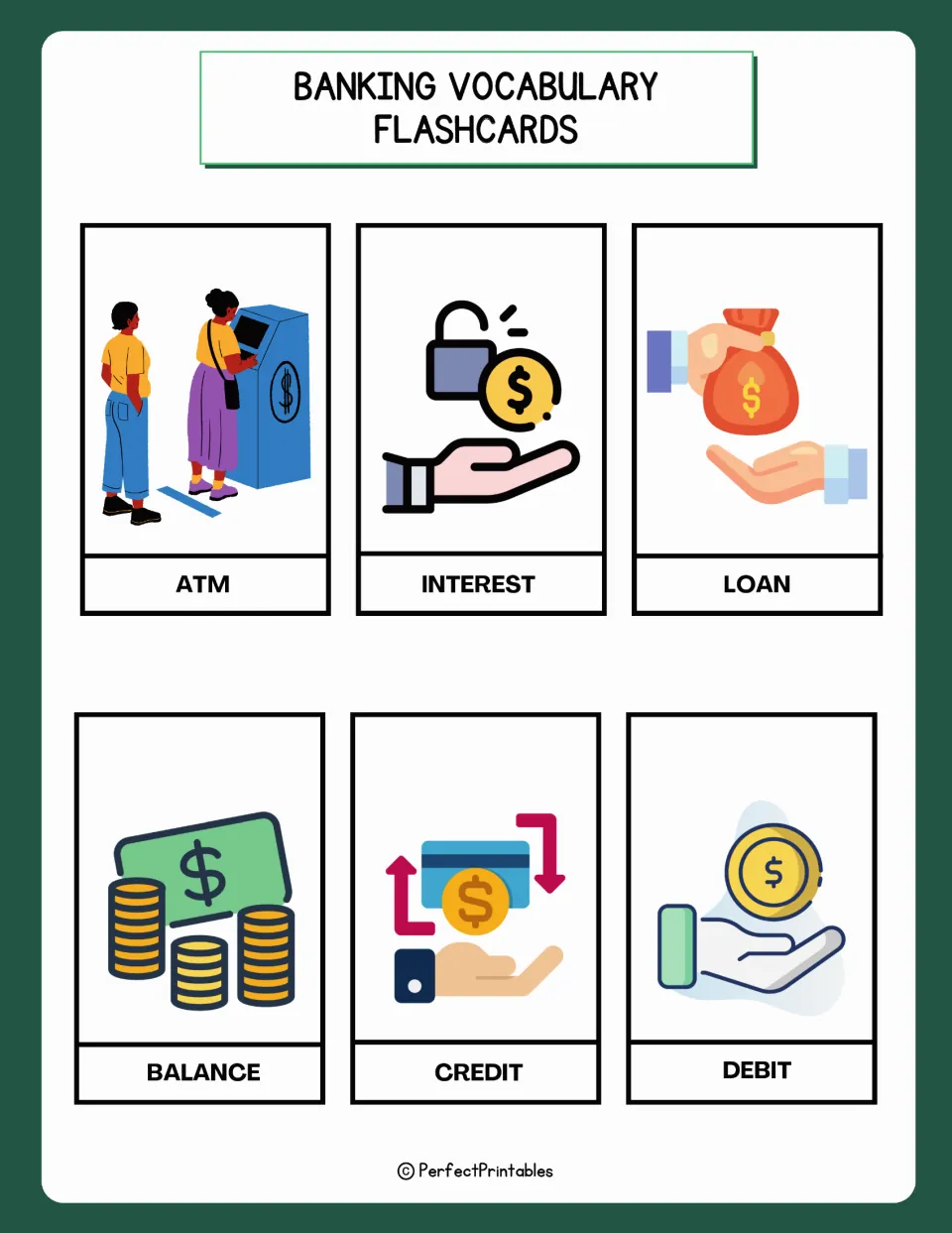 Banking flashcards 7–12: ATM, interest, loan, balance, credit, and debit, each paired with a picture