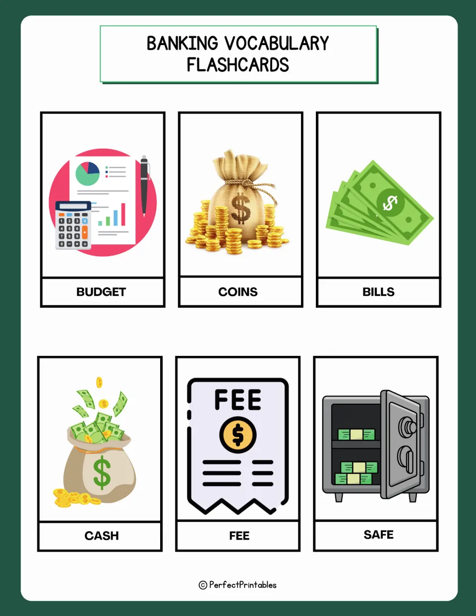 Banking flashcards 13–18: budget, coins, bills, cash, fee, and safe, each paired with an illustration