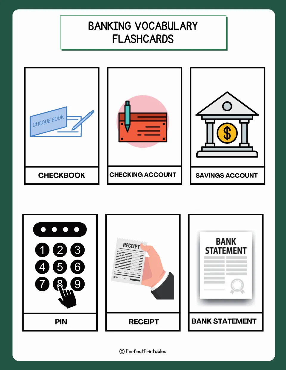 Banking flashcards 19–24: checkbook, checking account, savings account, PIN, receipt, and bank statement