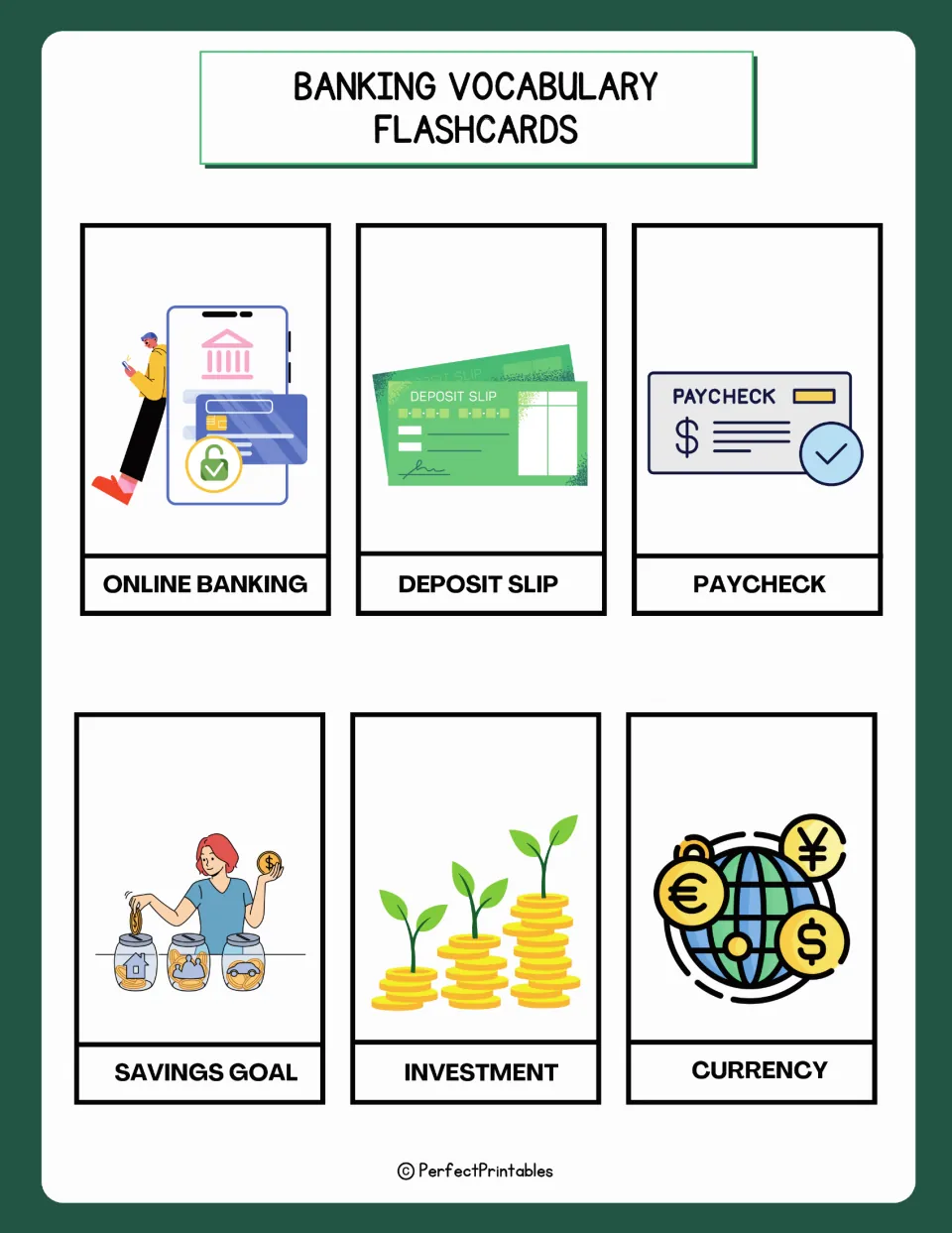 Banking flashcards 25–30: online banking, deposit slip, paycheck, savings goal, investment, and currency
