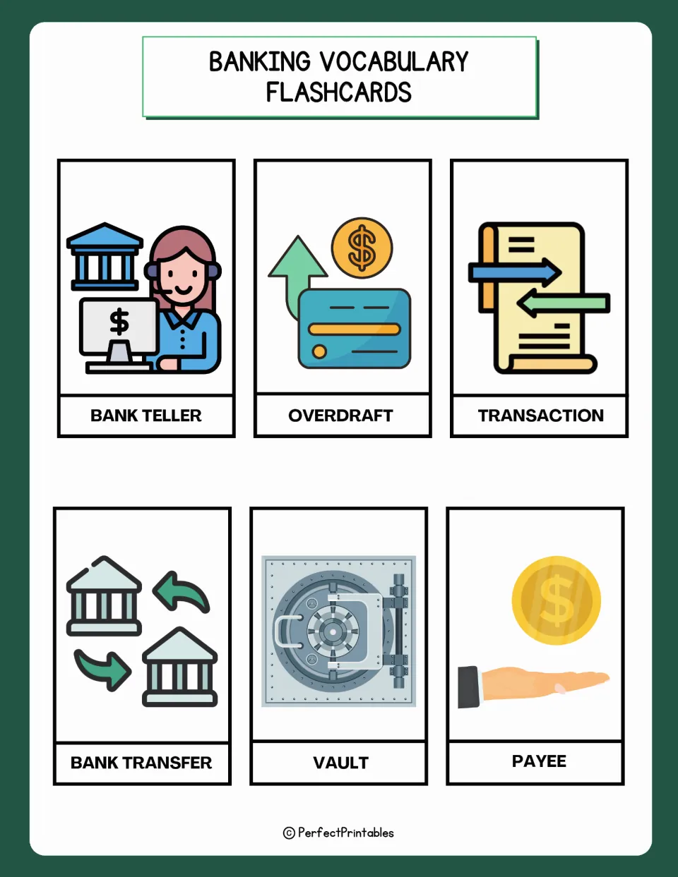 Banking flashcards 31–36: bank teller, overdraft, transaction, bank transfer, vault, and payee, with pictures