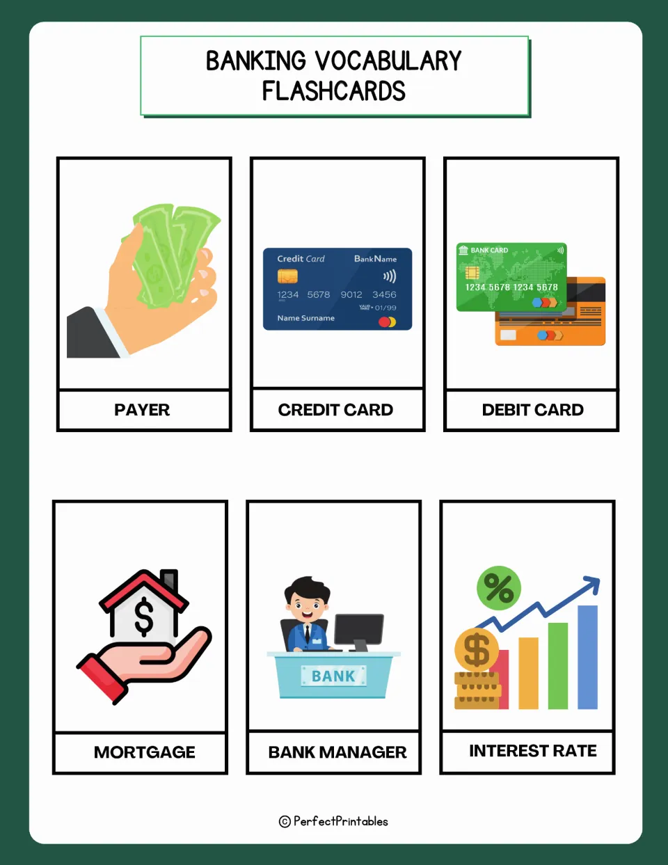 Banking flashcards 37–42: payer, credit card, debit card, mortgage, bank manager, and interest rate