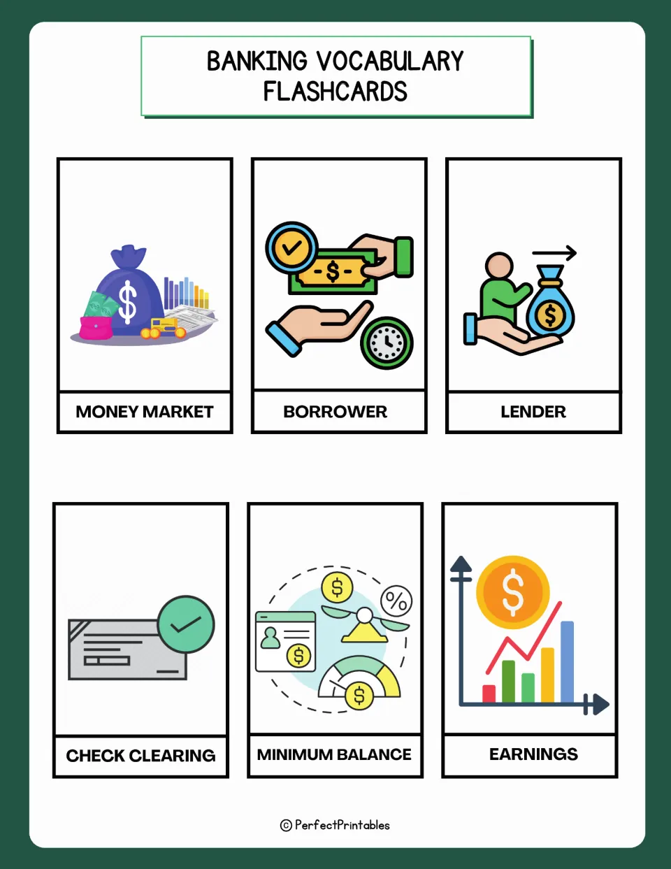 Banking flashcards 43–48: money market, borrower, lender, check clearing, minimum balance, and earnings