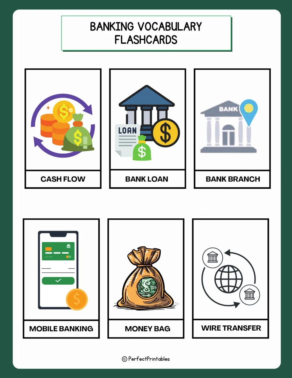 Banking flashcards 49–54: cash flow, bank loan, bank branch, mobile banking, money bag, and wire transfer