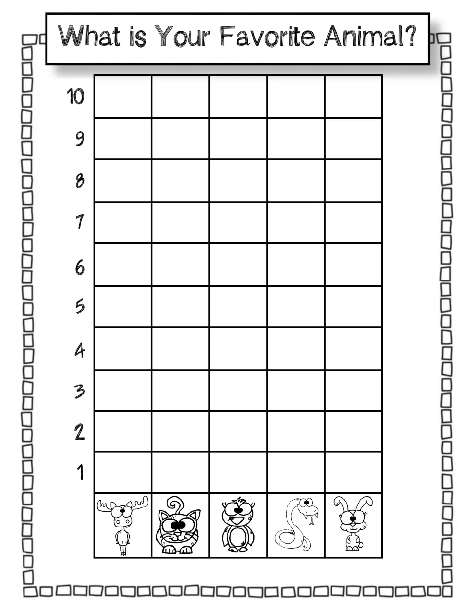 Favorite animal survey: students graph class votes for moose, cat, owl, snake or rabbit on a bar graph scaled 1 to 10
