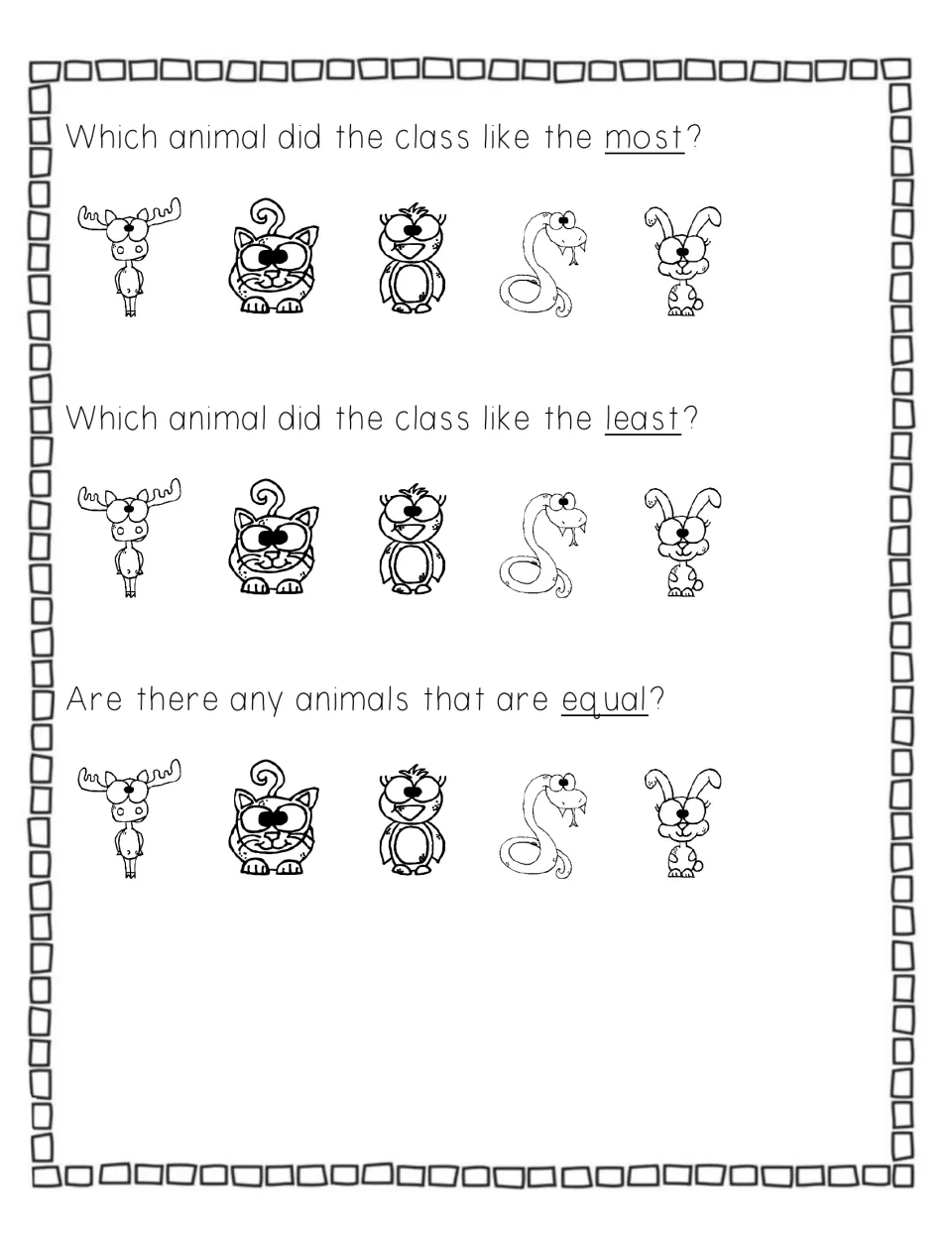Animal survey questions: students read the graph to pick the animal liked most, liked least and any with equal votes
