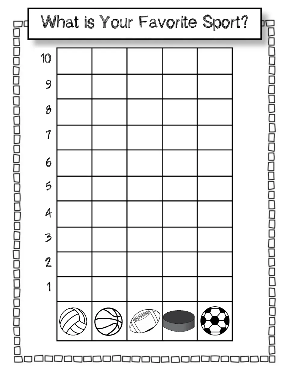 Favorite sport survey: students graph class votes for volleyball, basketball, football, hockey or soccer on a 1 to 10 scale