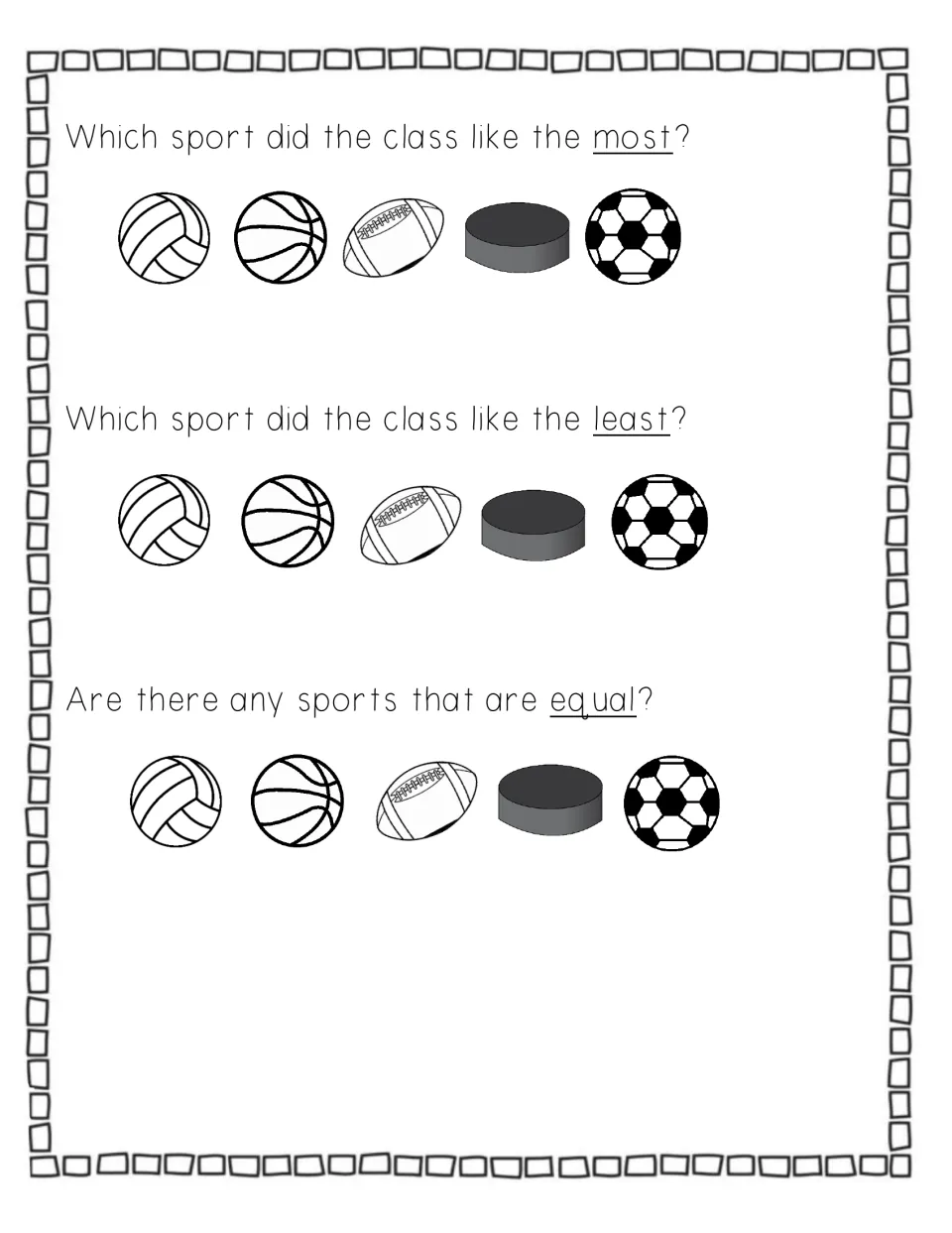 Sport survey questions: students interpret the graph to find the sport liked most, liked least and any sports that tie