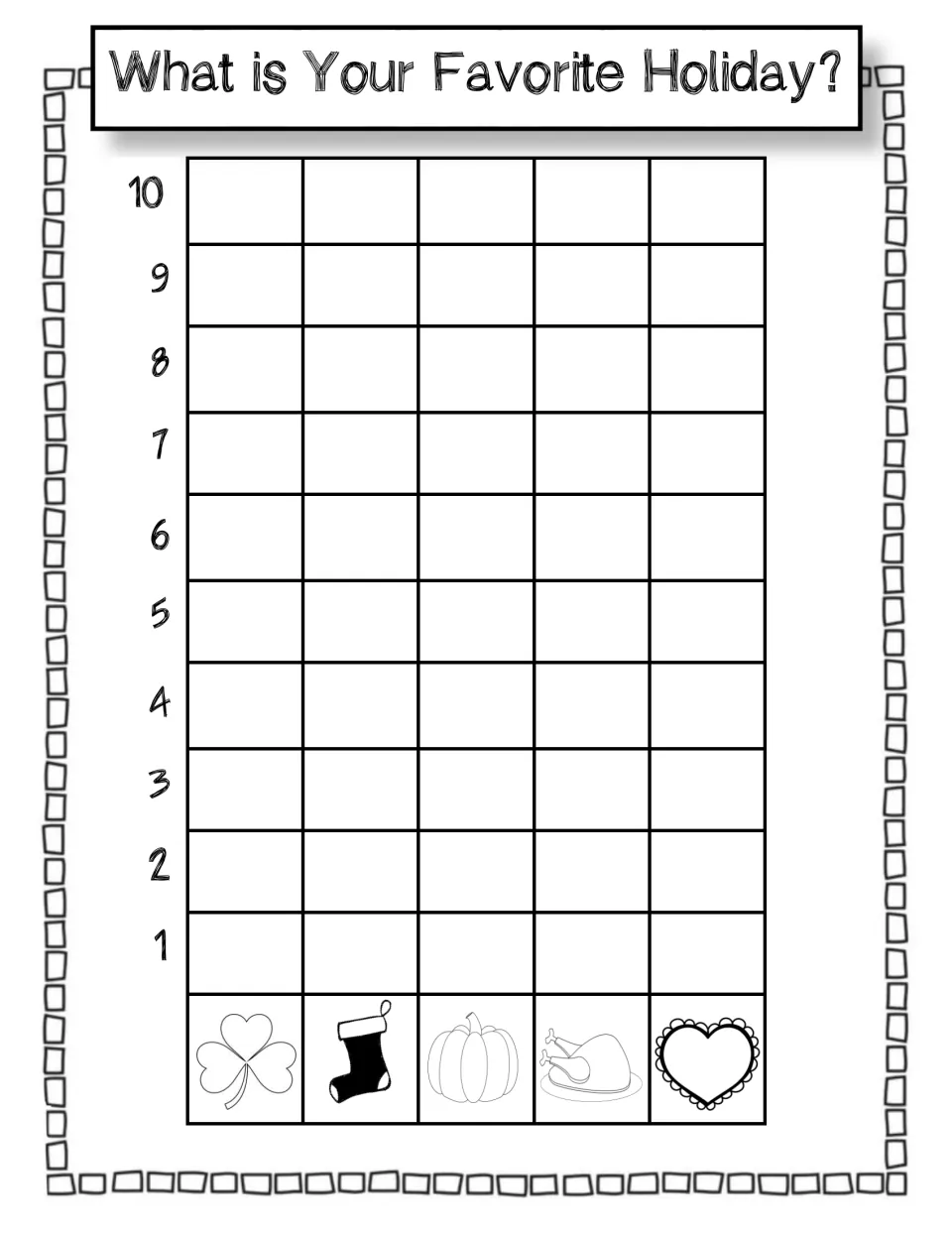 Favorite holiday survey: students graph votes for shamrock, stocking, pumpkin, turkey or heart holidays on a 1 to 10 scale