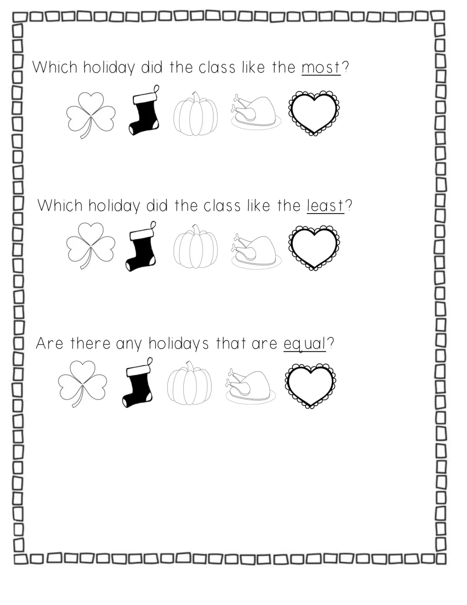 Holiday survey questions: students compare graph bars to pick the holiday liked most, liked least and any that are equal