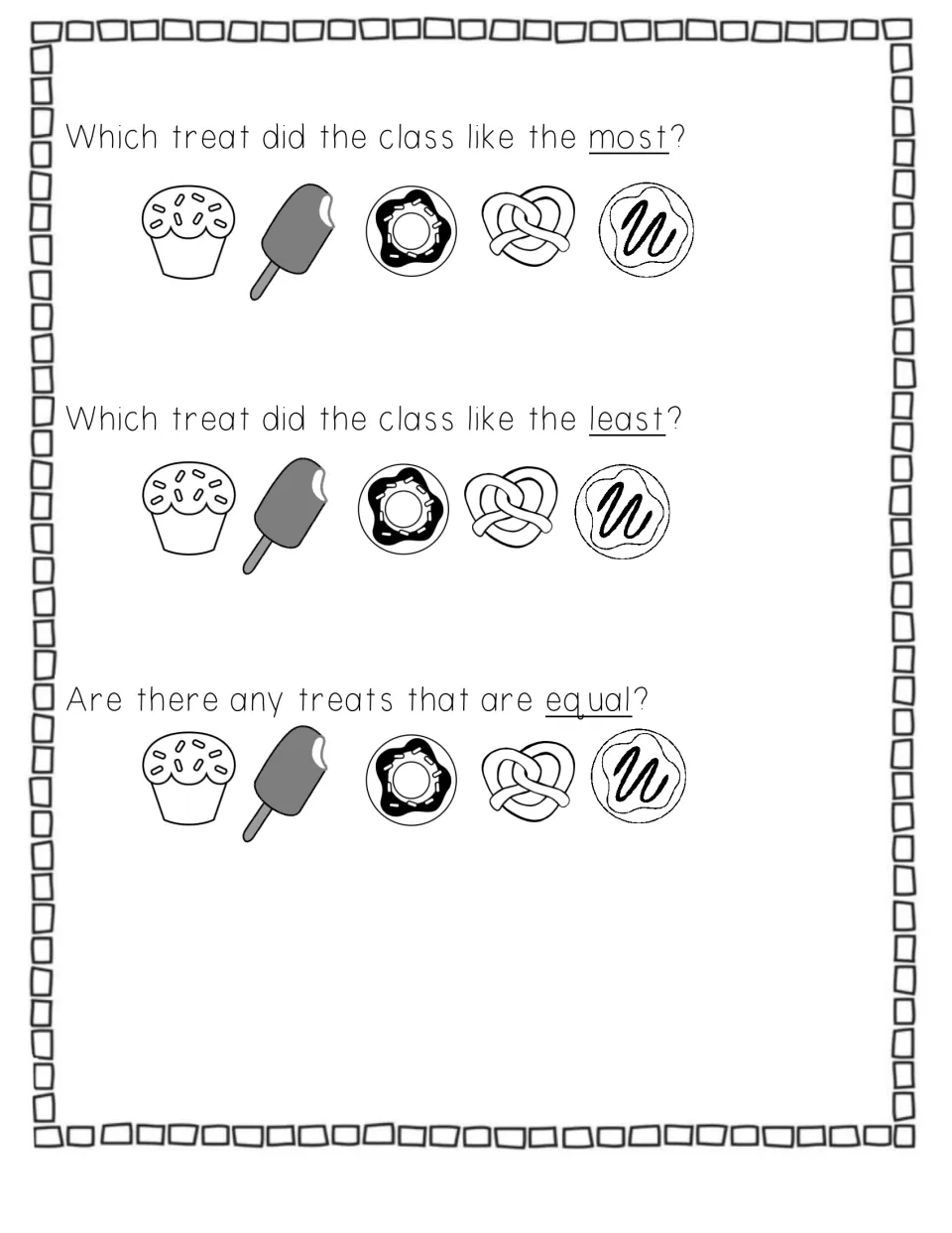 Treat survey questions: students use the graph to choose the treat liked most, liked least and any treats with equal votes