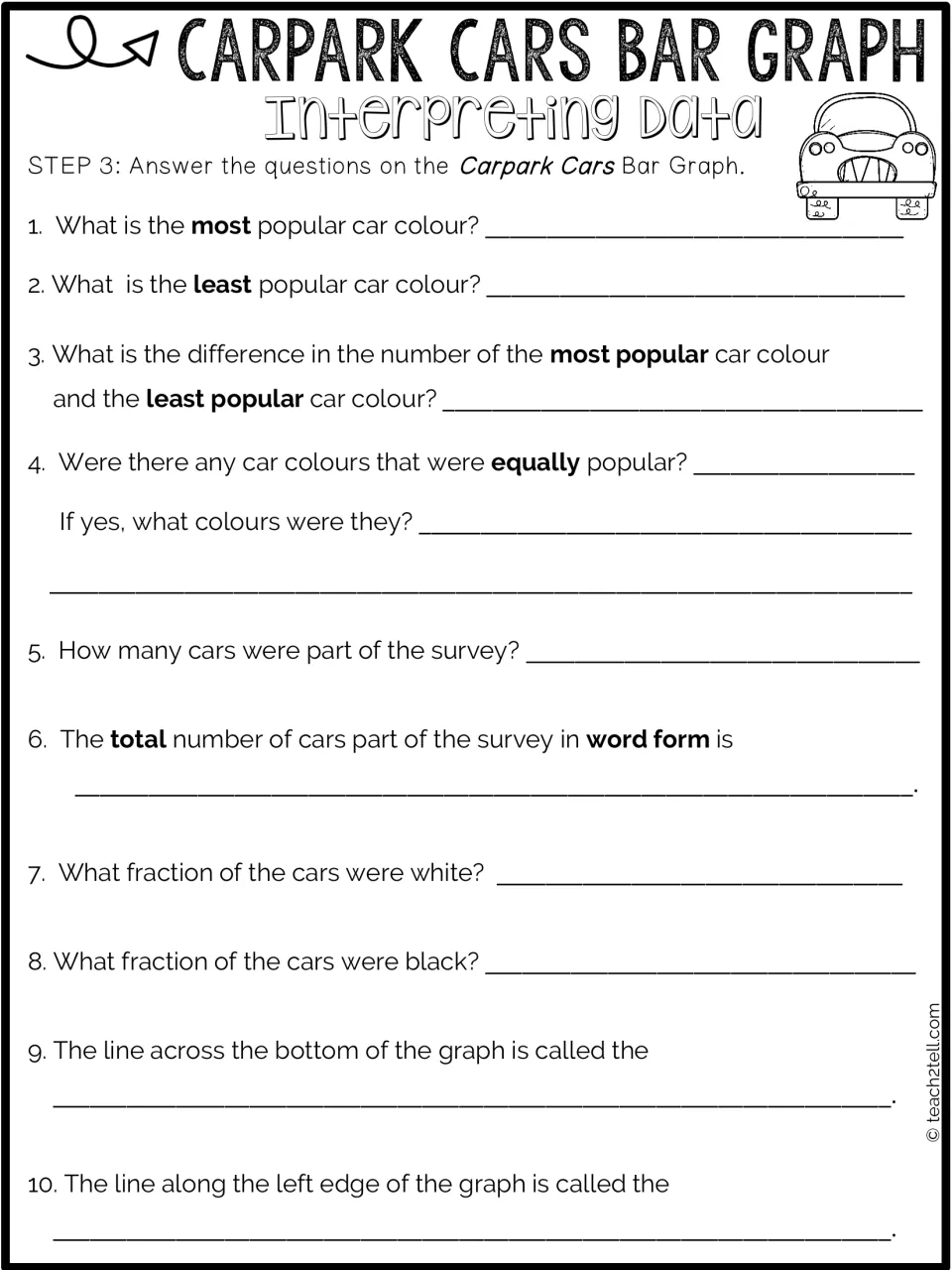 Interpreting Data step 3: 10 questions on most and least popular colours, fractions of cars, word form and axis names