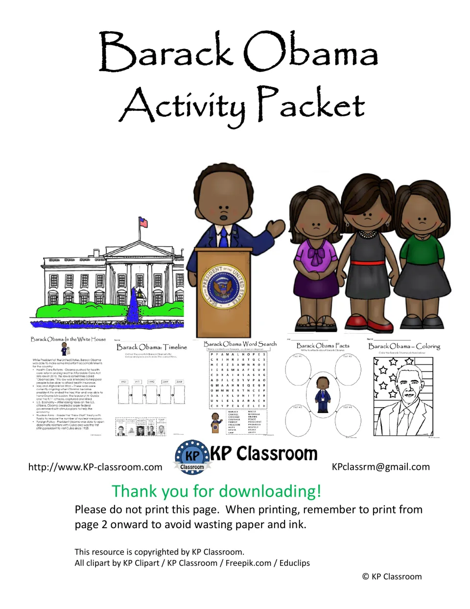 Barack Obama Activity Packet cover showing sample timeline, word search, facts, and coloring activities