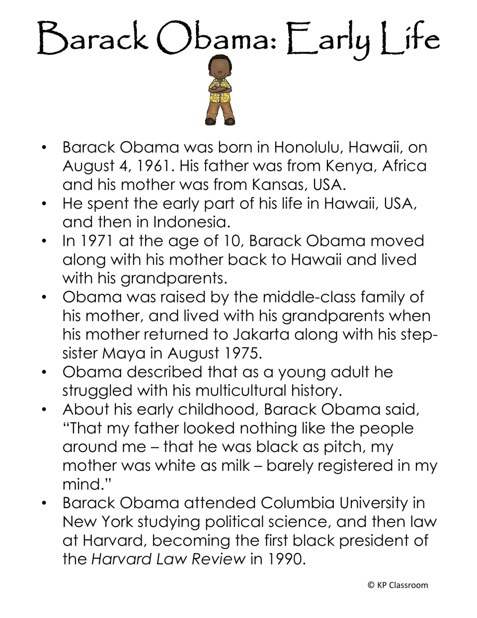 Early-life fact sheet about Barack Obama's birth, childhood in Hawaii and Indonesia, and college education
