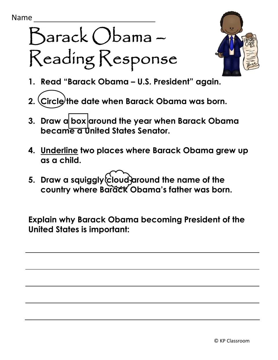 Reading response asks students to mark facts in Obama's biography and explain why his presidency matters
