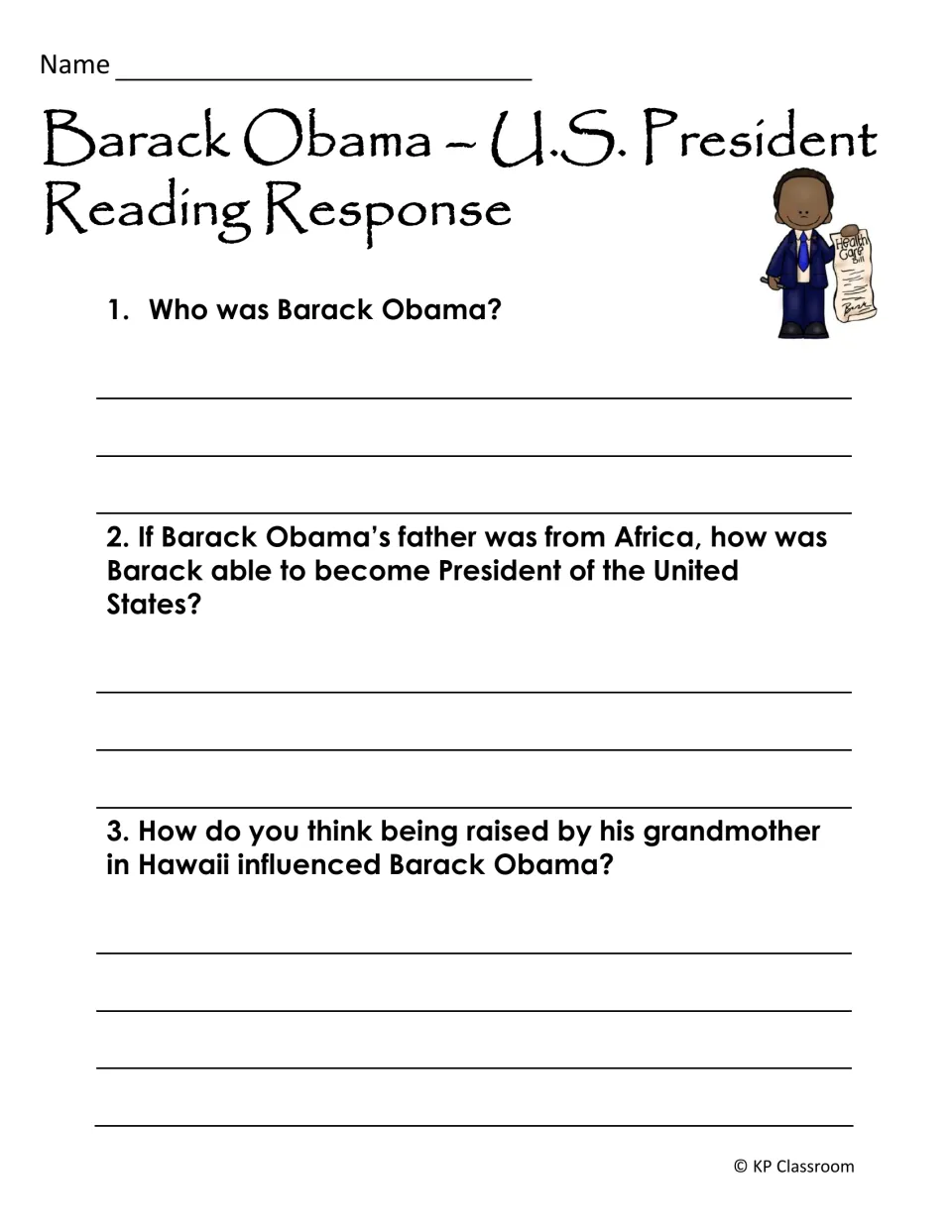 Three biography response questions ask who Obama was, his eligibility for president, and his upbringing