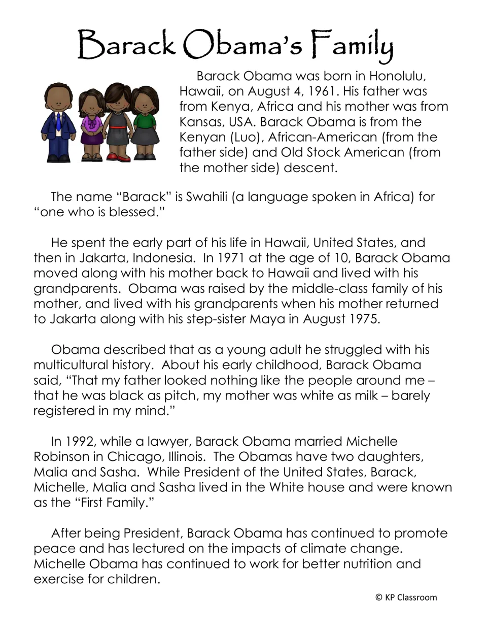 Family reading passage covers Obama's parents, childhood, marriage to Michelle, and life after the presidency
