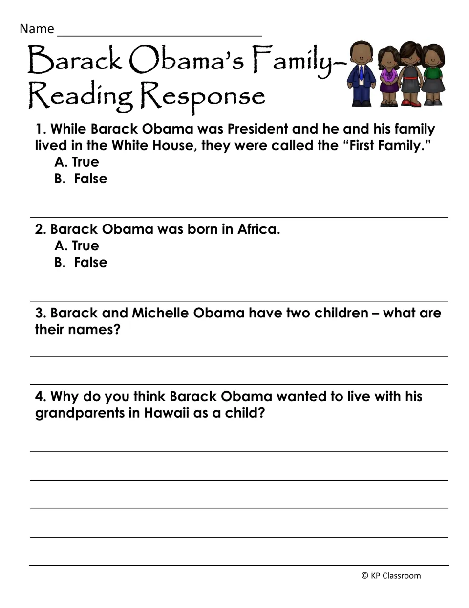 Family reading response has true-or-false items and questions about Obama's children and childhood in Hawaii