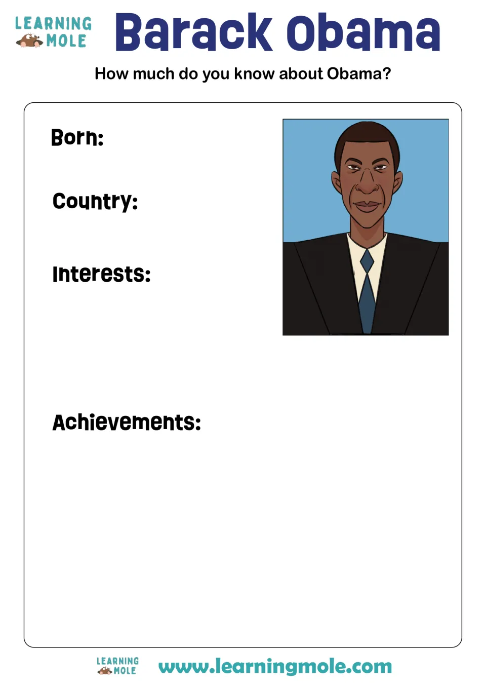 Barack Obama fact file: students write where he was born, his country, interests and achievements beside a portrait