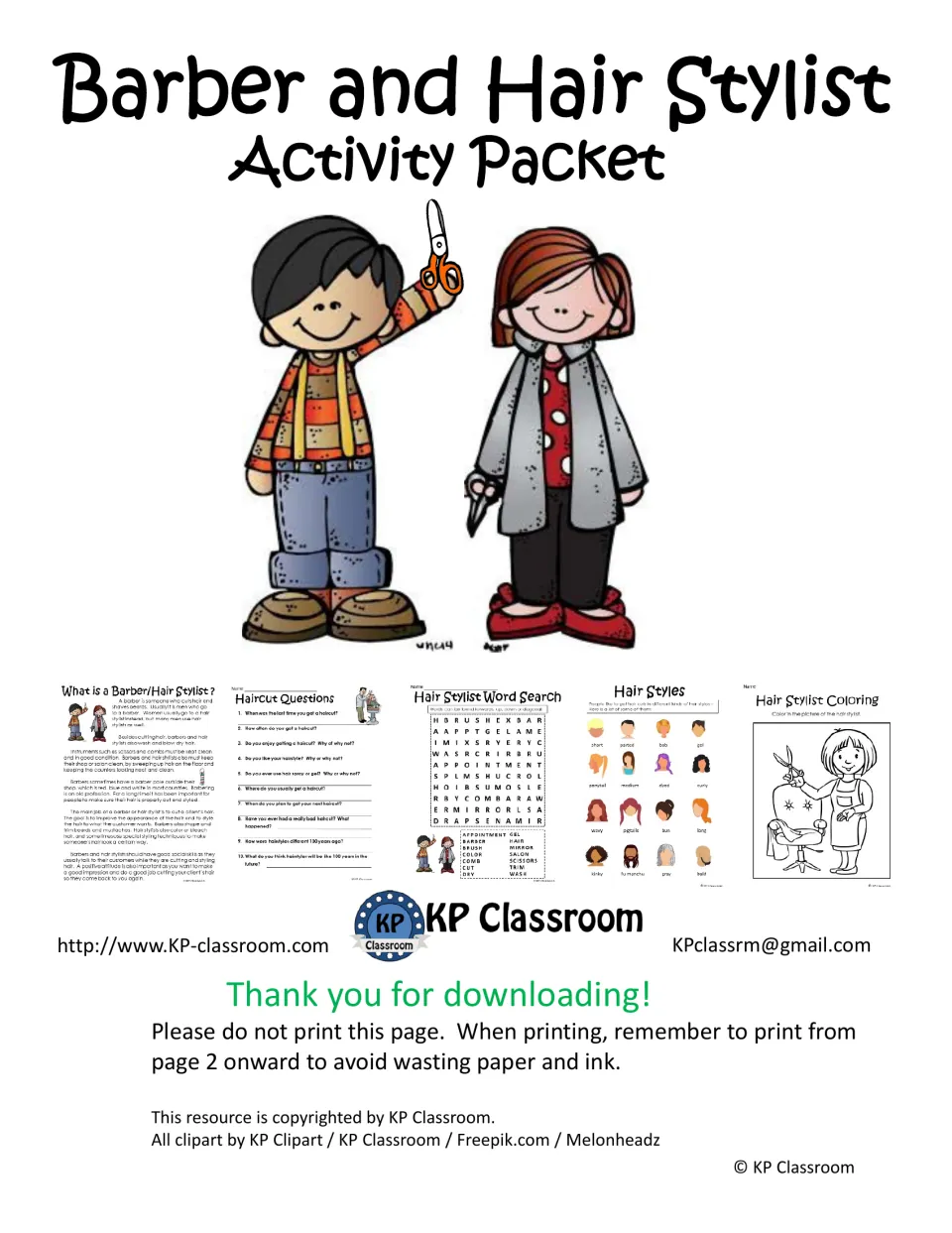 Barber and Hair Stylist Activity Packet cover showing page previews, a thank-you note and a print-from-page-2 tip