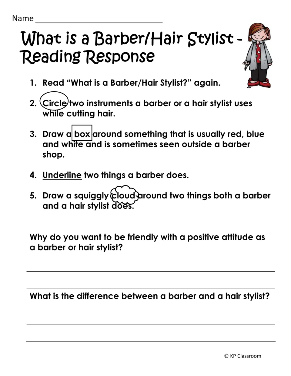 Reading response: students circle tools, box the pole, underline and cloud job duties, then write two short answers