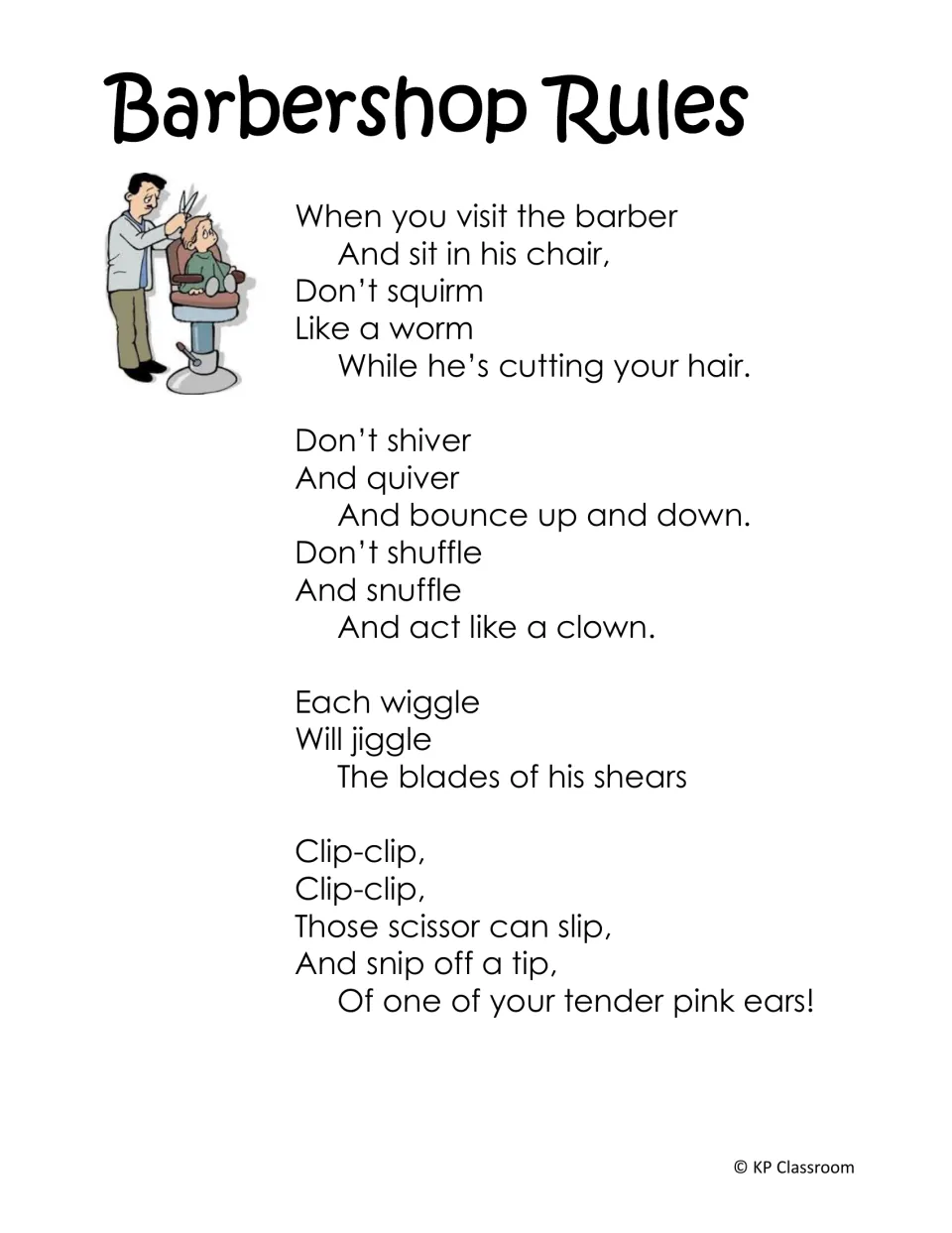 Barbershop Rules poem: a rhyming verse warning children not to squirm, shiver or wiggle in the barber's chair