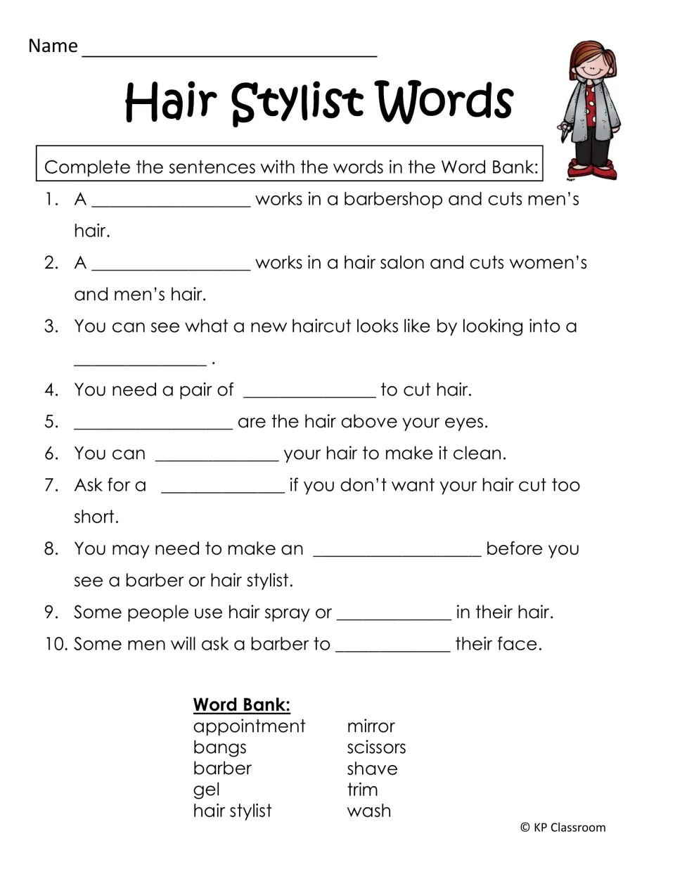 Hair Stylist Words: vocabulary fill-in where students complete 10 sentences using a word bank of salon terms like trim