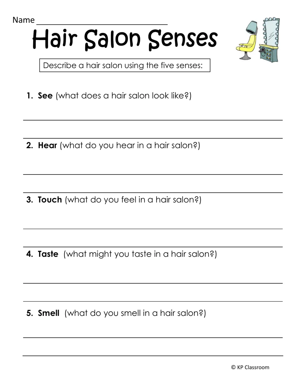 Hair Salon Senses: descriptive writing where students tell what they see, hear, touch, taste and smell in a salon