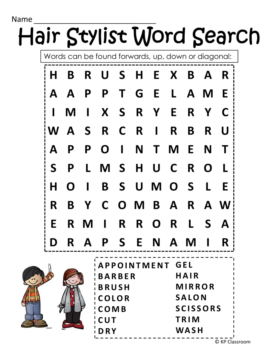 Hair Stylist Word Search: find 14 salon words such as appointment, comb, mirror and scissors hidden in a letter puzzle