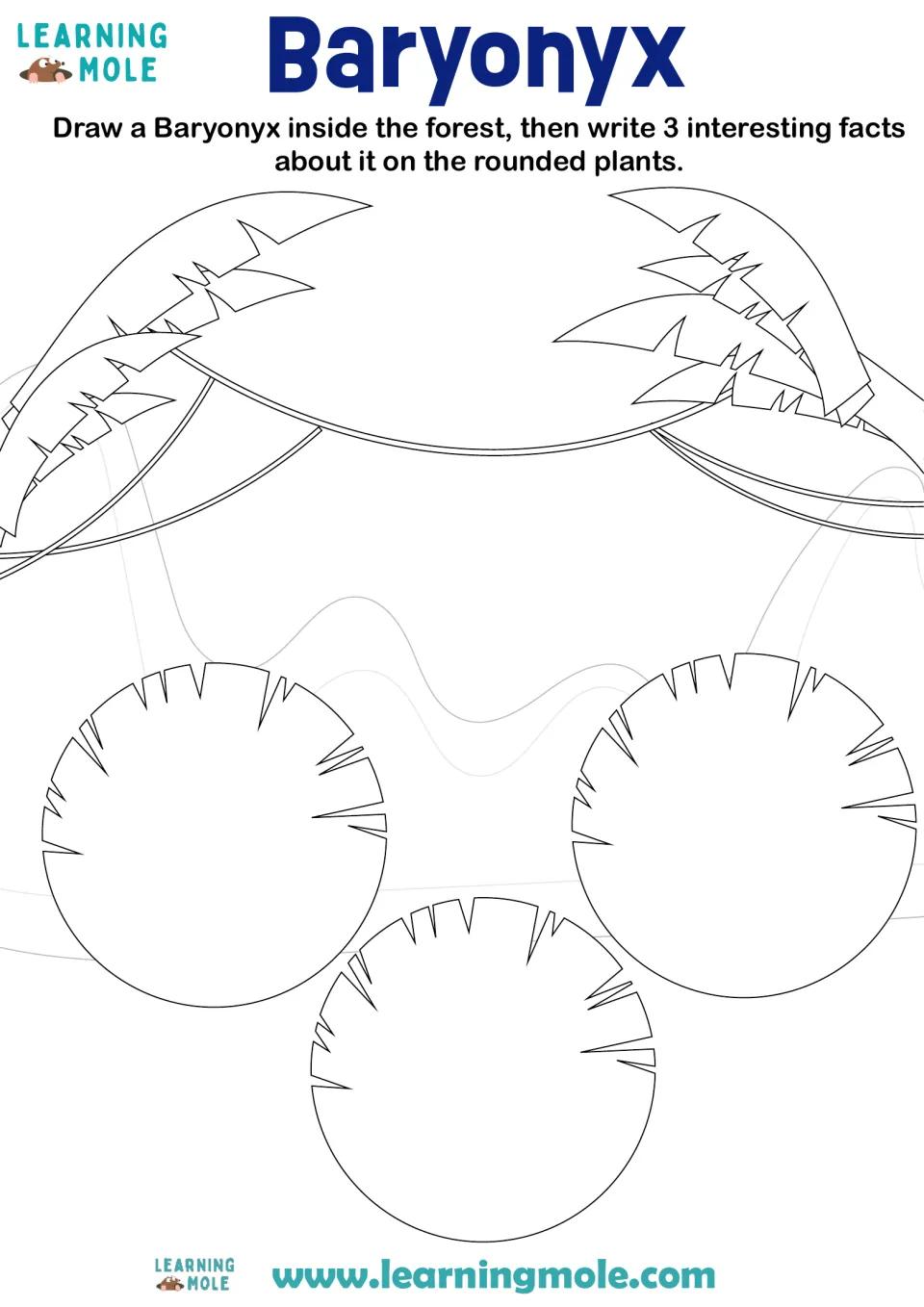 Baryonyx dinosaur: students draw a Baryonyx in an outlined forest scene, then write 3 facts on the round plants