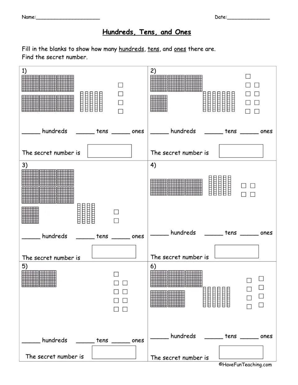 Hundreds, Tens, and Ones: students count base ten blocks in 6 problems, record each place value and find the secret number