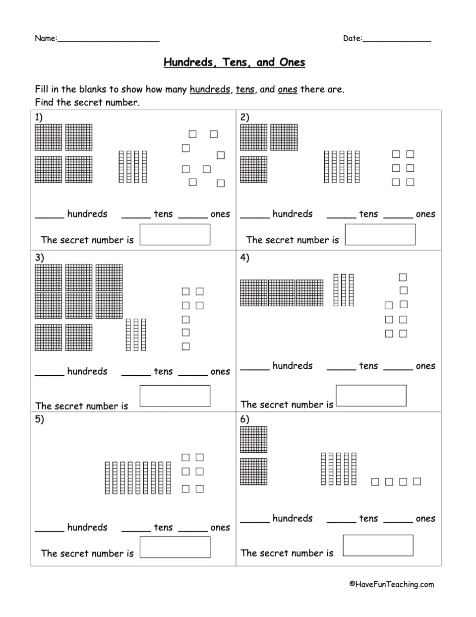 Hundreds, Tens, and Ones practice: students read 6 new base ten block models, including one with only tens and ones