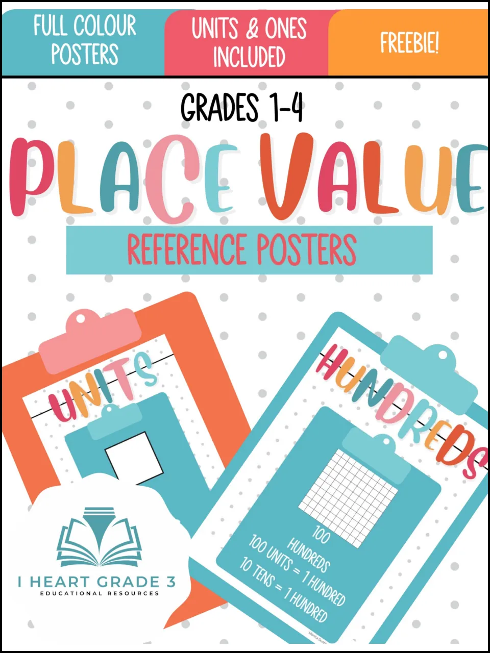 Place Value Reference Posters cover: full colour posters with units and ones versions, previewing Units and Hundreds