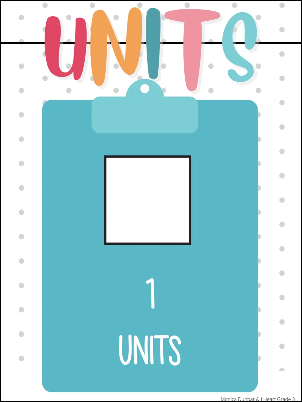 Units place value poster: a single unit cube labeled 1 Units, a reference for students naming the smallest base 10 block