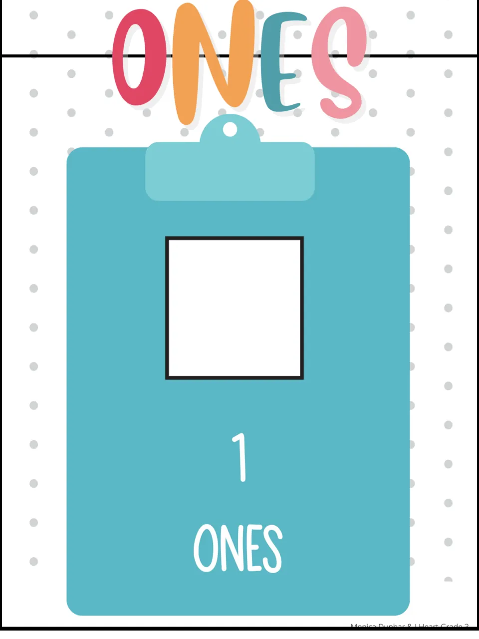 Ones place value poster: one base ten cube labeled 1 Ones, showing students the ones place using the term ones not units