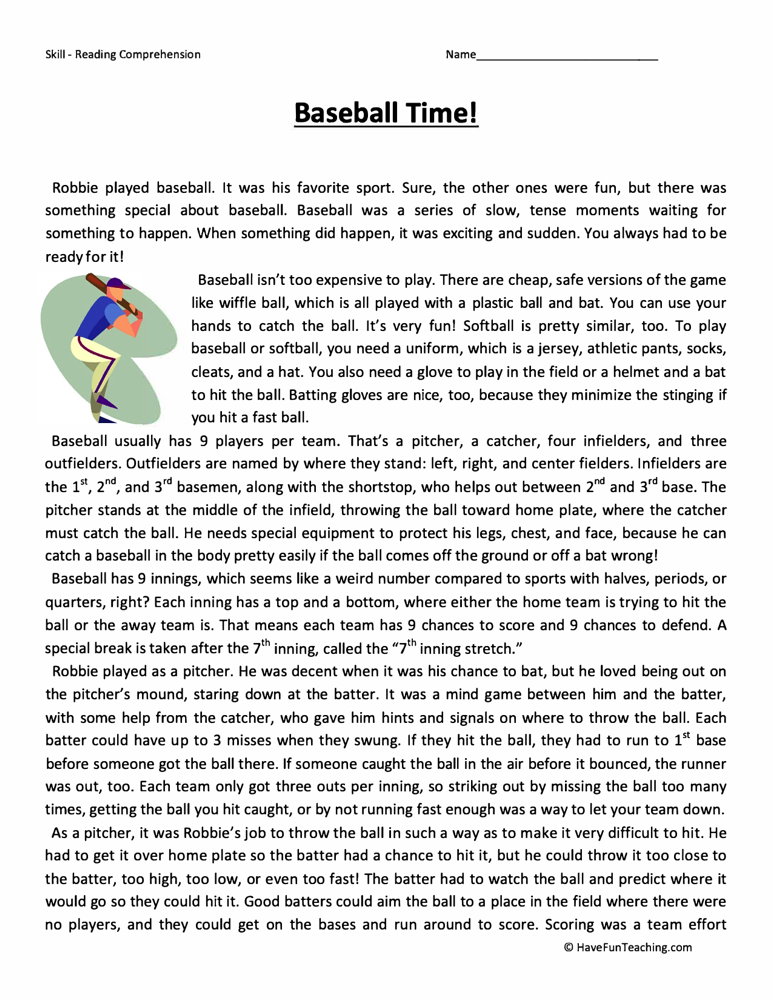 Baseball Time Reading Comprehension Worksheet By Teach Simple