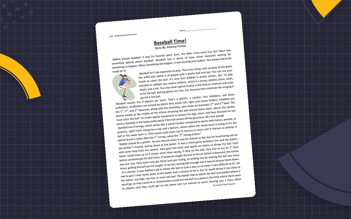 Baseball Time Reading Comprehension Worksheet preview