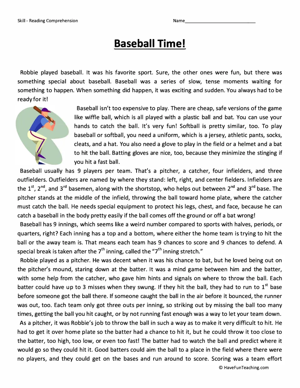 Baseball Time! reading passage: students read about Robbie, a pitcher, and learn baseball gear, positions and innings