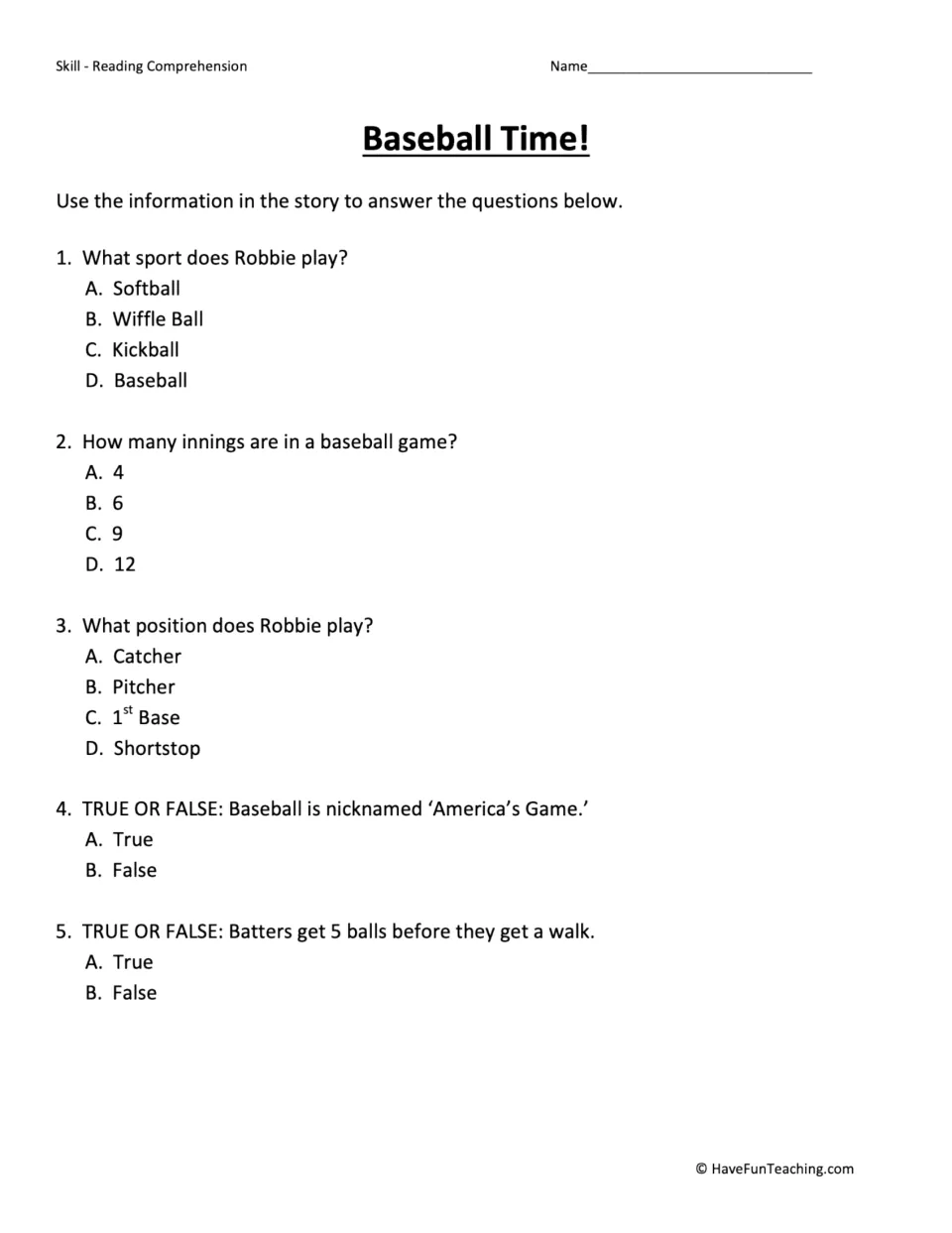 Baseball Time! comprehension questions: students answer 5 multiple-choice and true-or-false items using the story