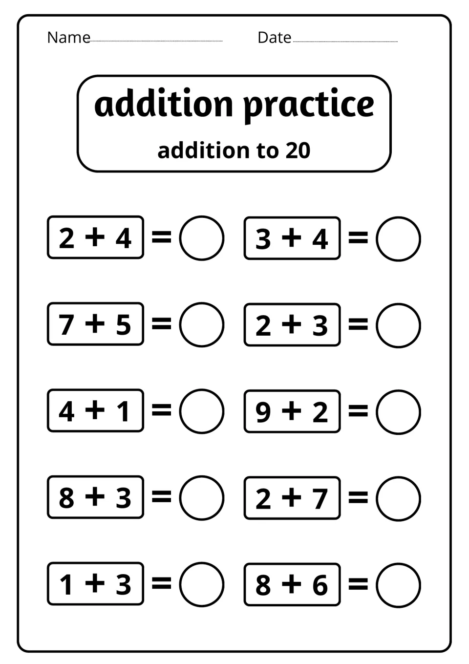 Addition to 20, set 2: students find the sum of 10 single-digit facts including 7 + 5, 9 + 2, 8 + 3 and 8 + 6