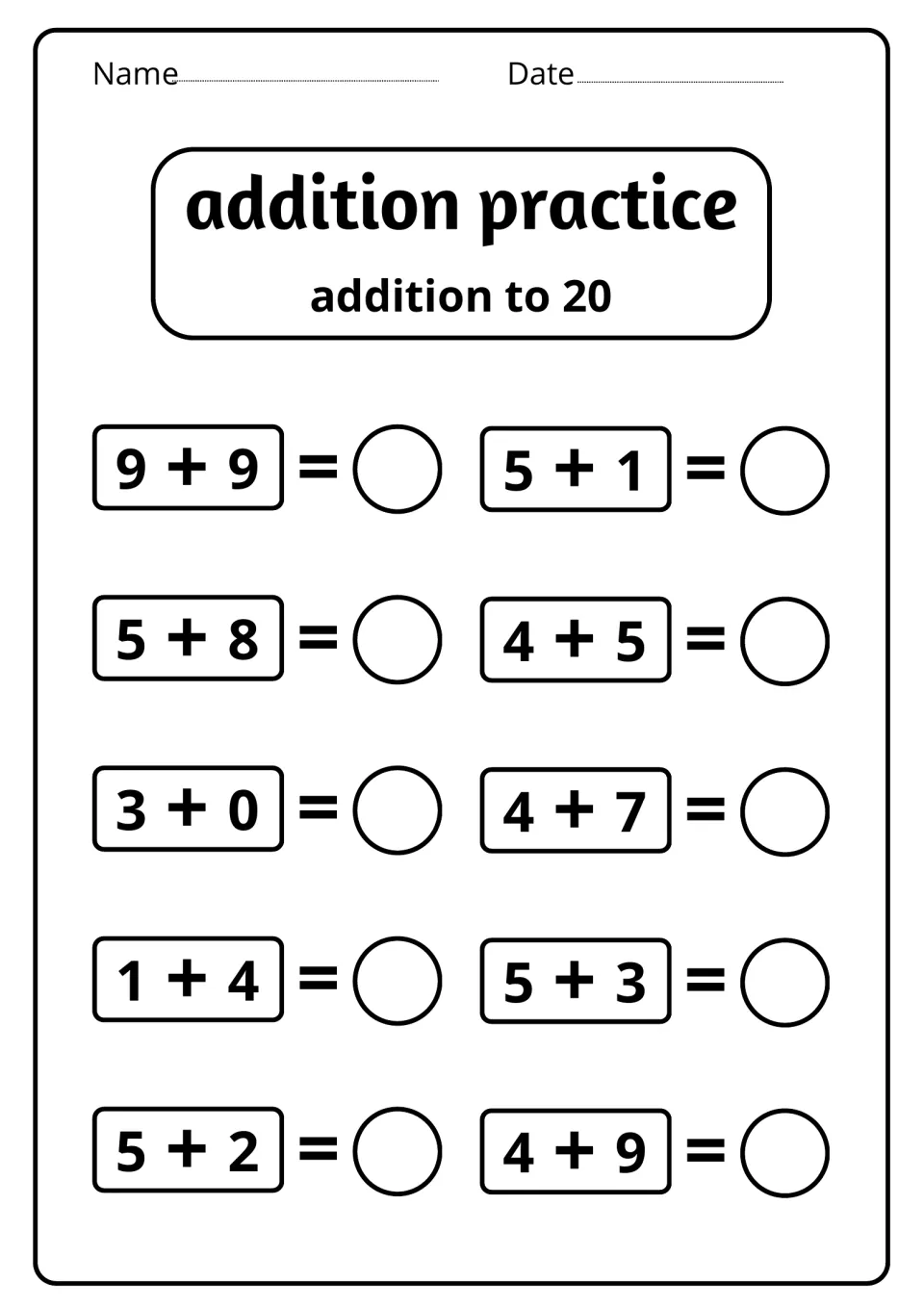 Adding to 20: students solve 10 facts, from the double 9 + 9 to 5 + 8, 4 + 7, 4 + 9 and adding zero in 3 + 0