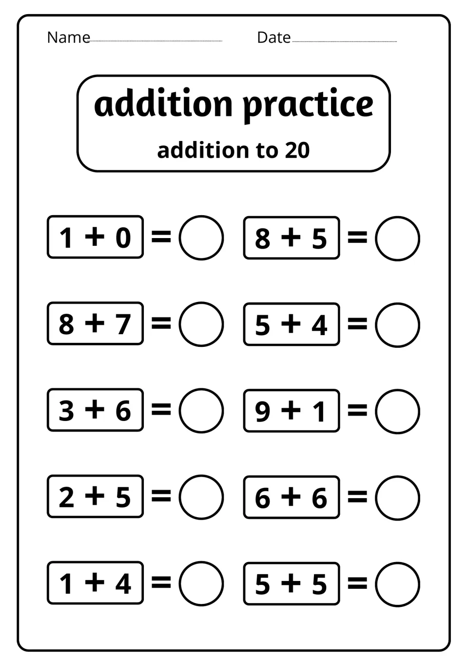 Addition facts to 20: students write sums for 10 problems mixing doubles 6 + 6 and 5 + 5 with 8 + 7, 8 + 5 and 1 + 0