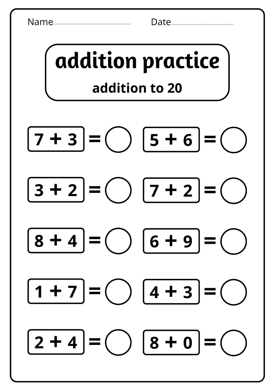 Sums to 20: students add 10 number pairs, including the make-ten fact 7 + 3 along with 6 + 9, 8 + 4 and 8 + 0