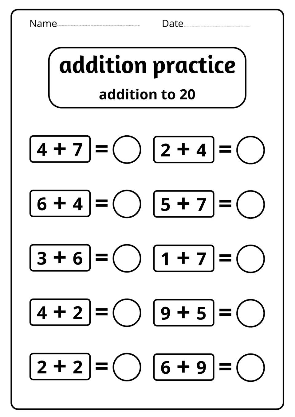 Single-digit addition to 20: students complete 10 facts such as 6 + 4, 5 + 7, 9 + 5, 6 + 9 and the double 2 + 2